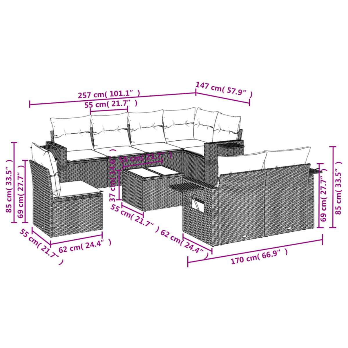 Ein Rattan-Gartenmöbel-Set mit Maßen. Es umfasst ein Sofa, Stühle und einen Tisch, mit Abmessungen in Zentimetern.