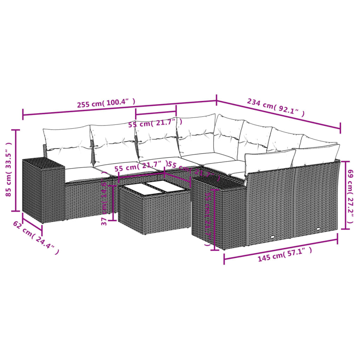 Outdoor-Rattan-Möbelset mit Kissen und einem Couchtisch, verschiedene Abmessungen sind in Zentimetern und Zoll angegeben.