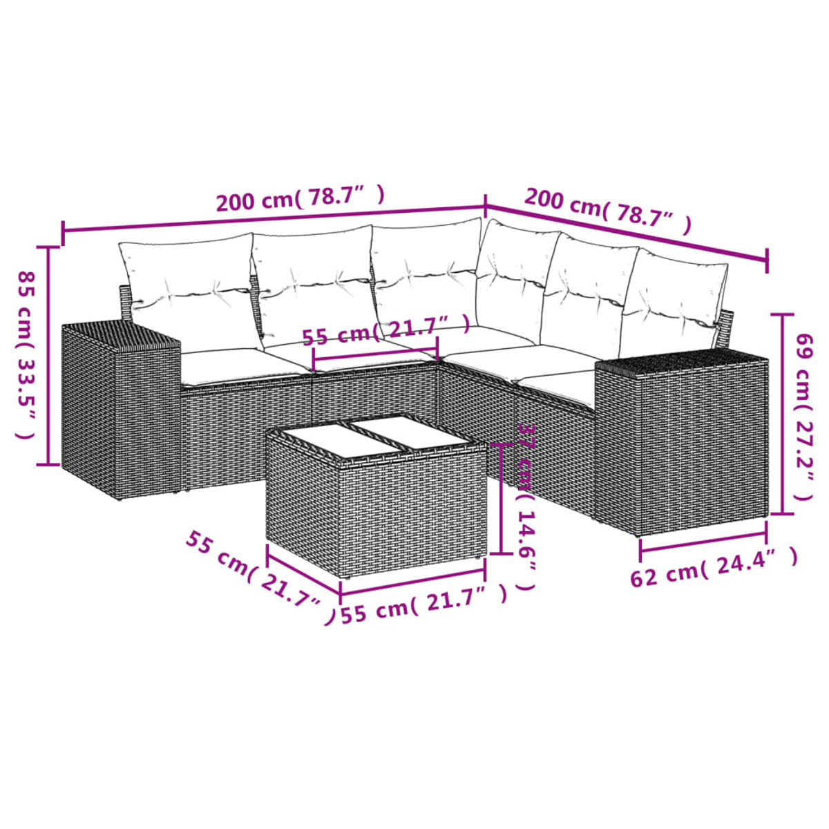 Ein Korbsessel-Set mit einem Ecksofa und einem quadratischen Couchtisch. Abmessungen in cm sind angegeben.