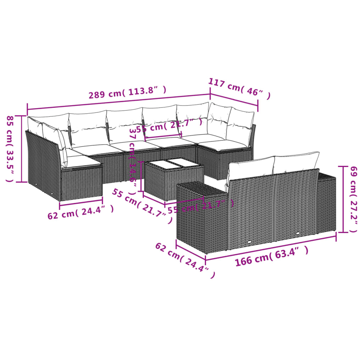 Ein aus Korbmaterial gefertigtes Ecksofa-Set für den Außenbereich. Maße sind angegeben. Inklusive Couchtisch.