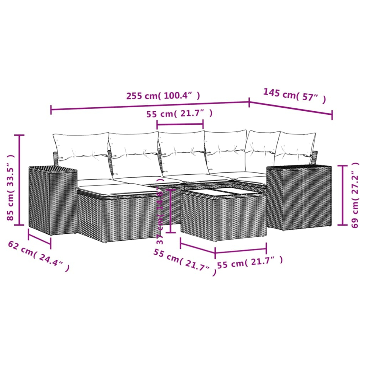 Un diagramma di un divano componibile e tavolino da esterno in vimini, con dimensioni in cm e pollici.