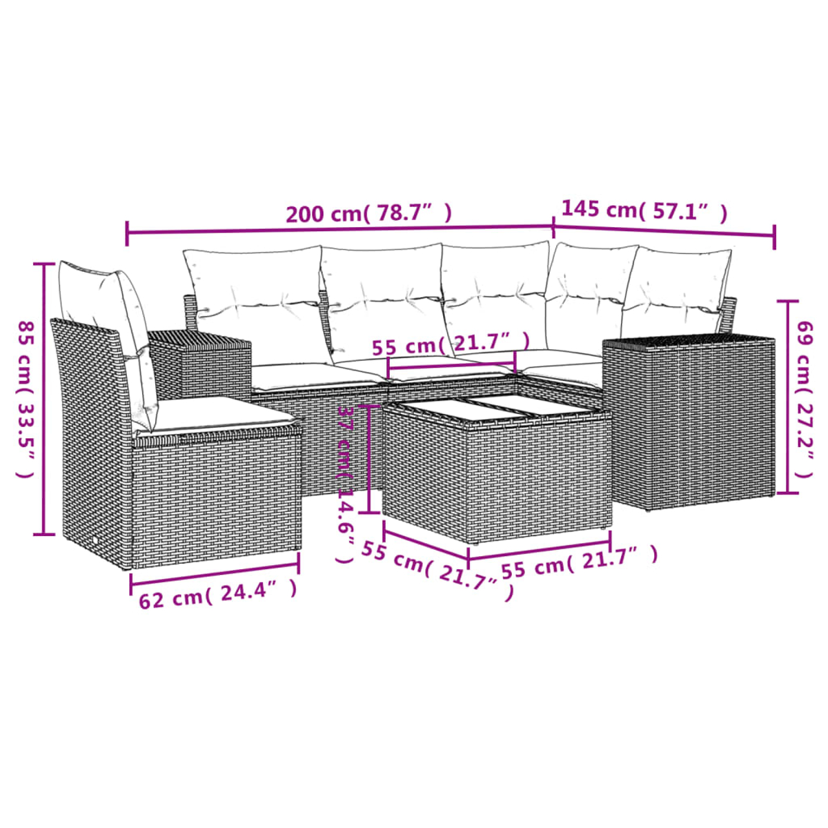 Geflochtenes Gartenmöbel-Set mit Kissen, bestehend aus Sofa, zwei Stühlen und einem Couchtisch. Abmessungen sind ebenfalls angegeben.