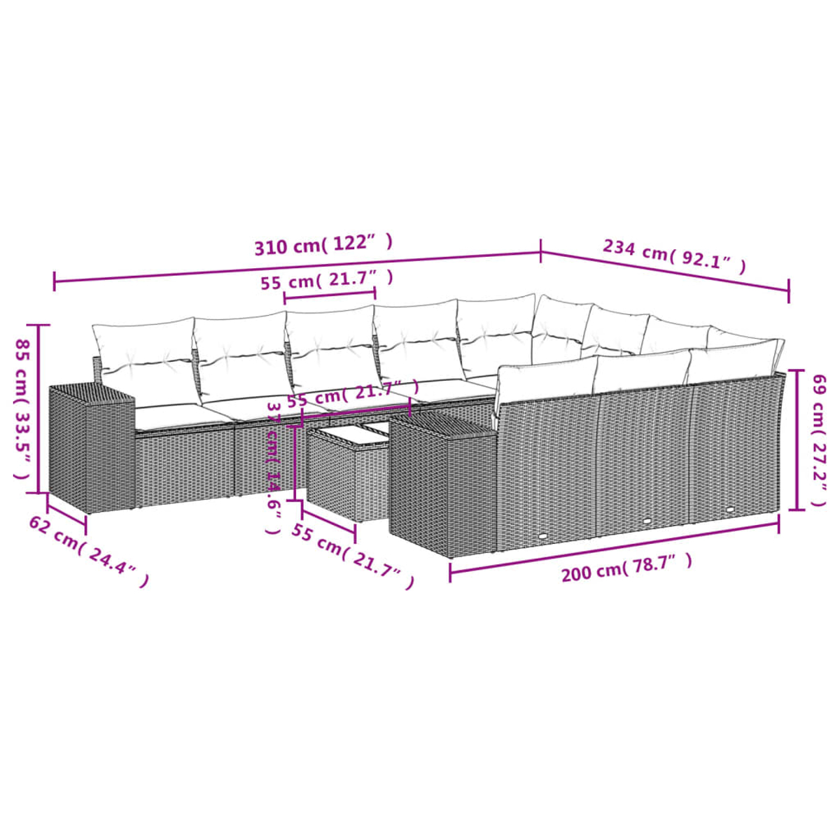 Un set di divani componibili da esterno in vimini con dimensioni etichettate. Include cuscini e un tavolino, tutto in colore neutro.
