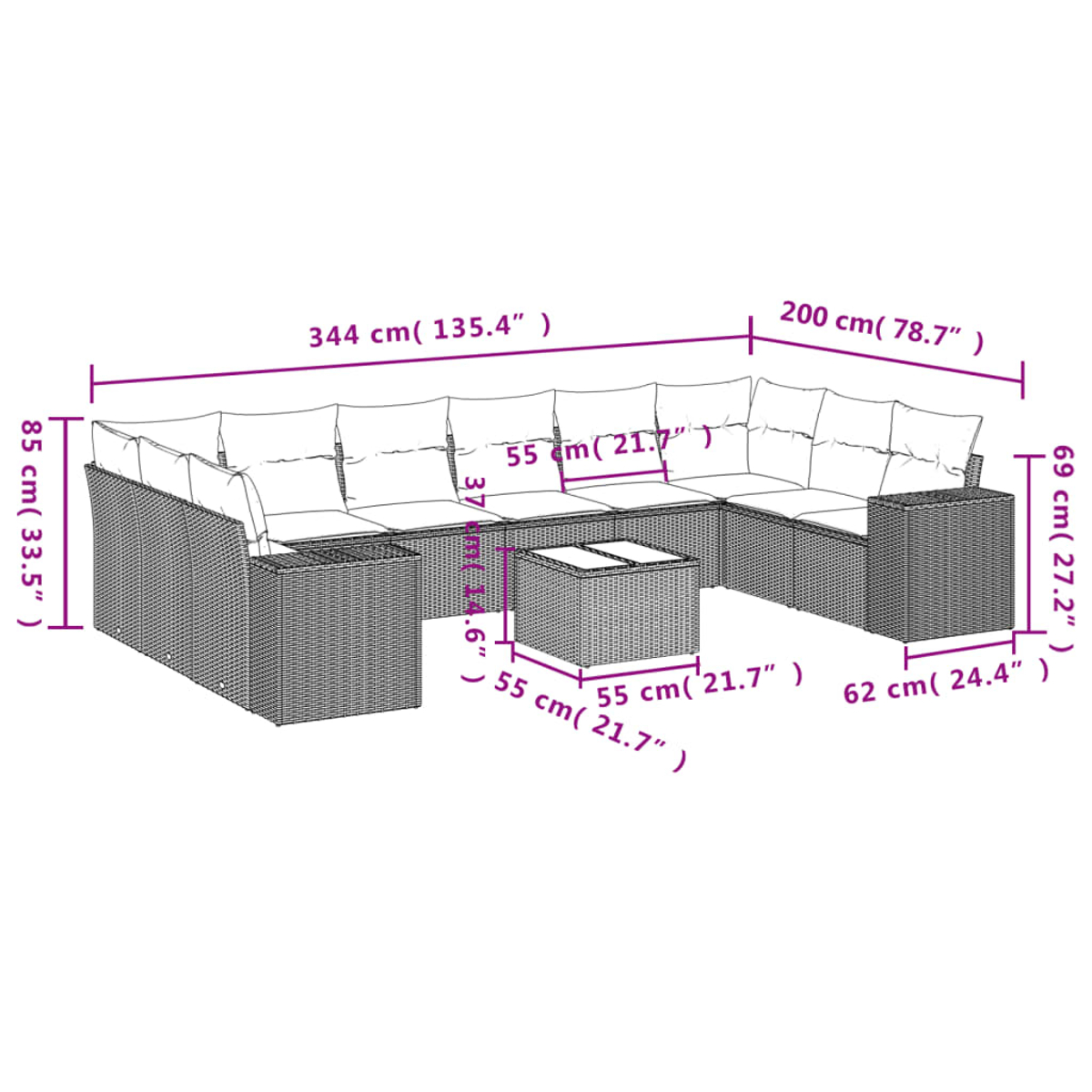 Geflochtenes Outdoor-Ecksofa mit Kissen und einem kleinen Tisch. Abmessungen sind in Zentimetern und Zoll angegeben.