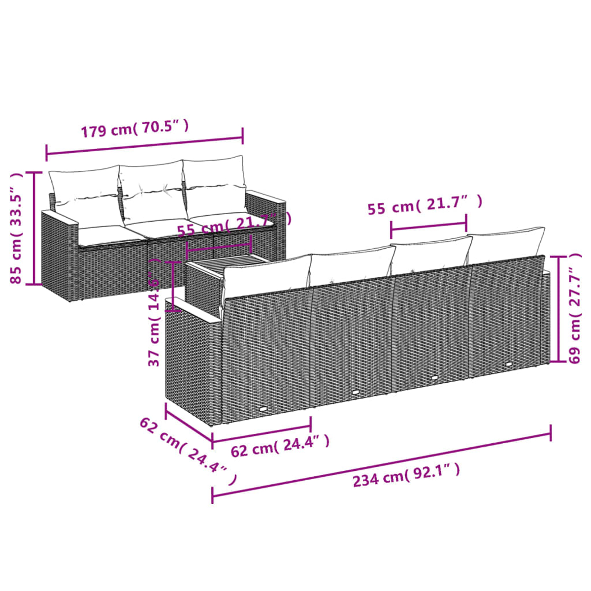 Diagramm eines Outdoor-Möbelsets mit Abmessungen in cm und Zoll. Enthält ein 3-Sitzer-Sofa, ein Zweisitzer und einen kleinen Tisch.