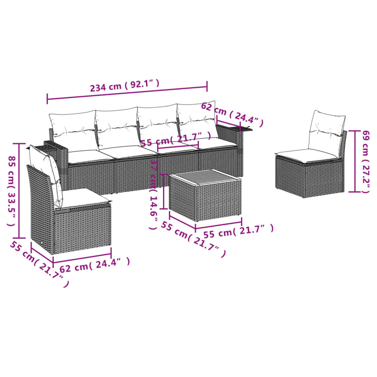 Outdoor-Ecksofa-Set mit Maßen. Enthält ein großes Sofa, zwei Sessel, einen kleinen Tisch und einen einzelnen Stuhl.