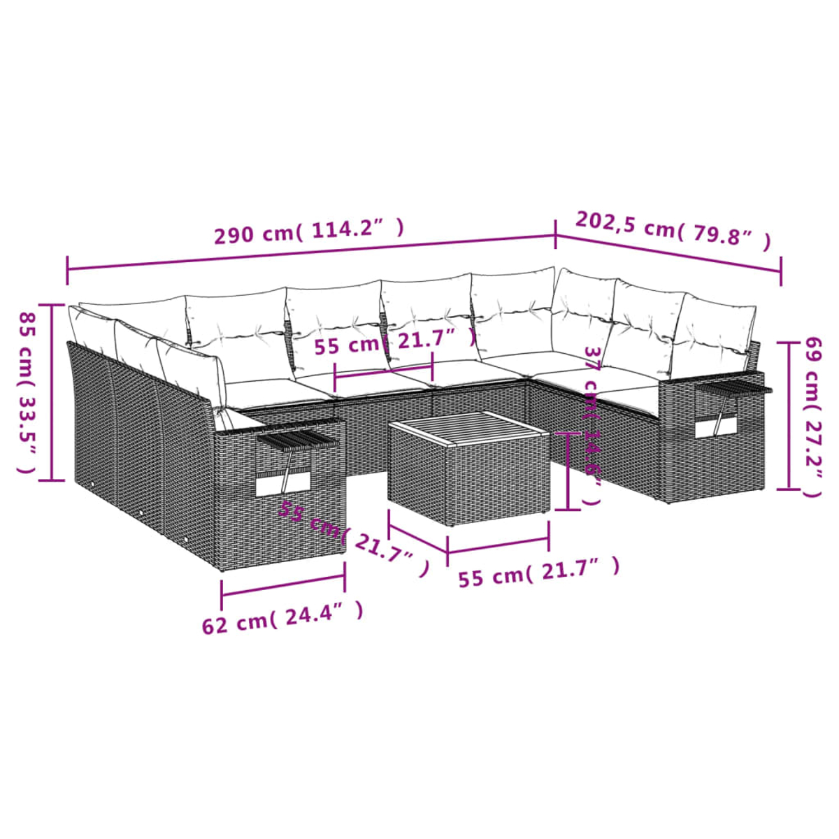 Un diagramma di un divano componibile da esterno in vimini con dimensioni etichettate in centimetri e pollici.