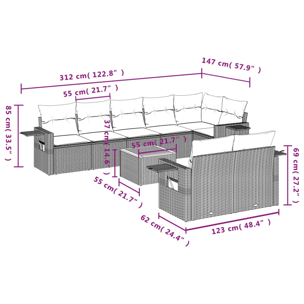 Ein Rattan-Gartenmöbelset mit Maßangaben, darunter ein großes Sofa, ein kleineres Sofa und ein Tisch.