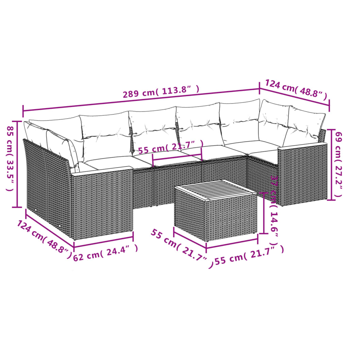Outdoor-Ecksofa mit Maßangaben. Es hat Kissen und einen passenden quadratischen Couchtisch. Das Sofa besteht aus gewebtem Material.