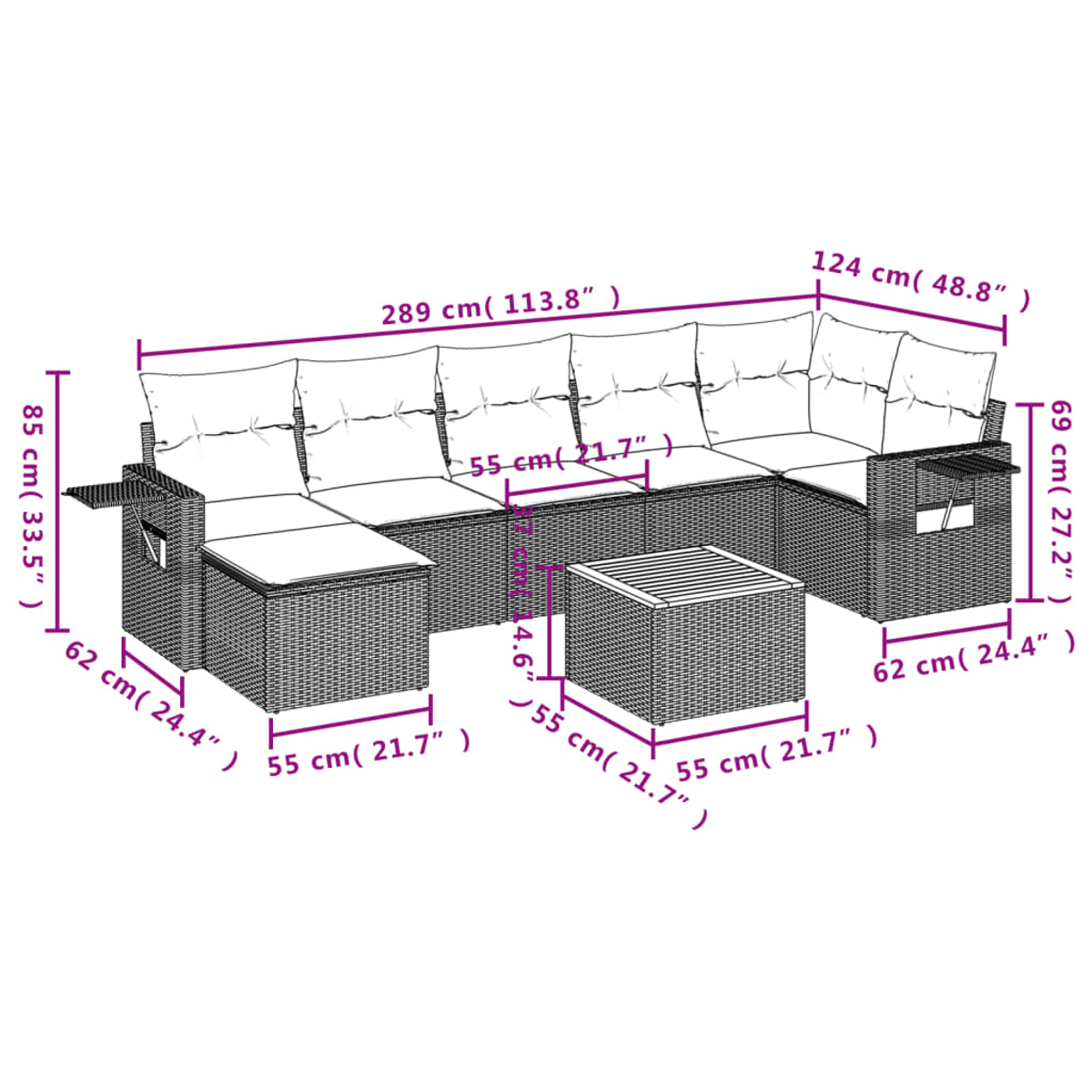 Diagramm eines Rattan-Outdoor-Sofasets mit Abmessungen. Beinhaltet ein großes Sofa, einen Beistelltisch und einen kleinen quadratischen Tisch. Weiße Kissen.