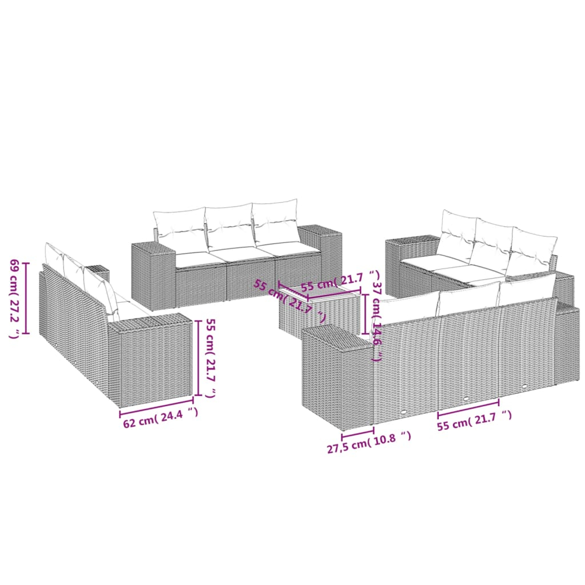 Gartenmöbel-Set aus Korbgeflecht mit Sofas, Kissen und einem Beistelltisch. Abmessungen sind angegeben. Die Möbel sind grau.