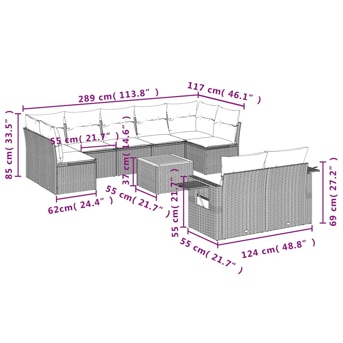 Diagramm eines Rattan-Gartenmöbelsets. Es umfasst ein großes Ecksofa, einen kleinen Tisch und einen Stuhl mit Maßangaben in cm und Zoll.