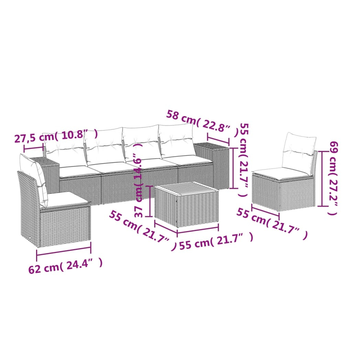 Viene mostrato un set di mobili da patio. Include un divano, due sedie e un tavolino quadrato. Le dimensioni sono indicate in cm e pollici.