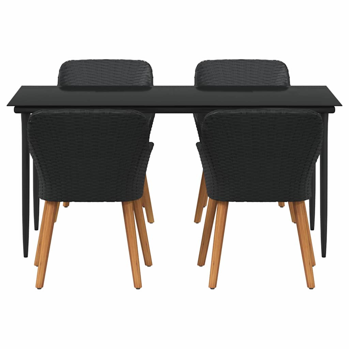 Vier schwarze Korbstühle um einen schwarzen Tisch mit hellbraunen Holzbeinen. Die Stühle sind quadratisch angeordnet.