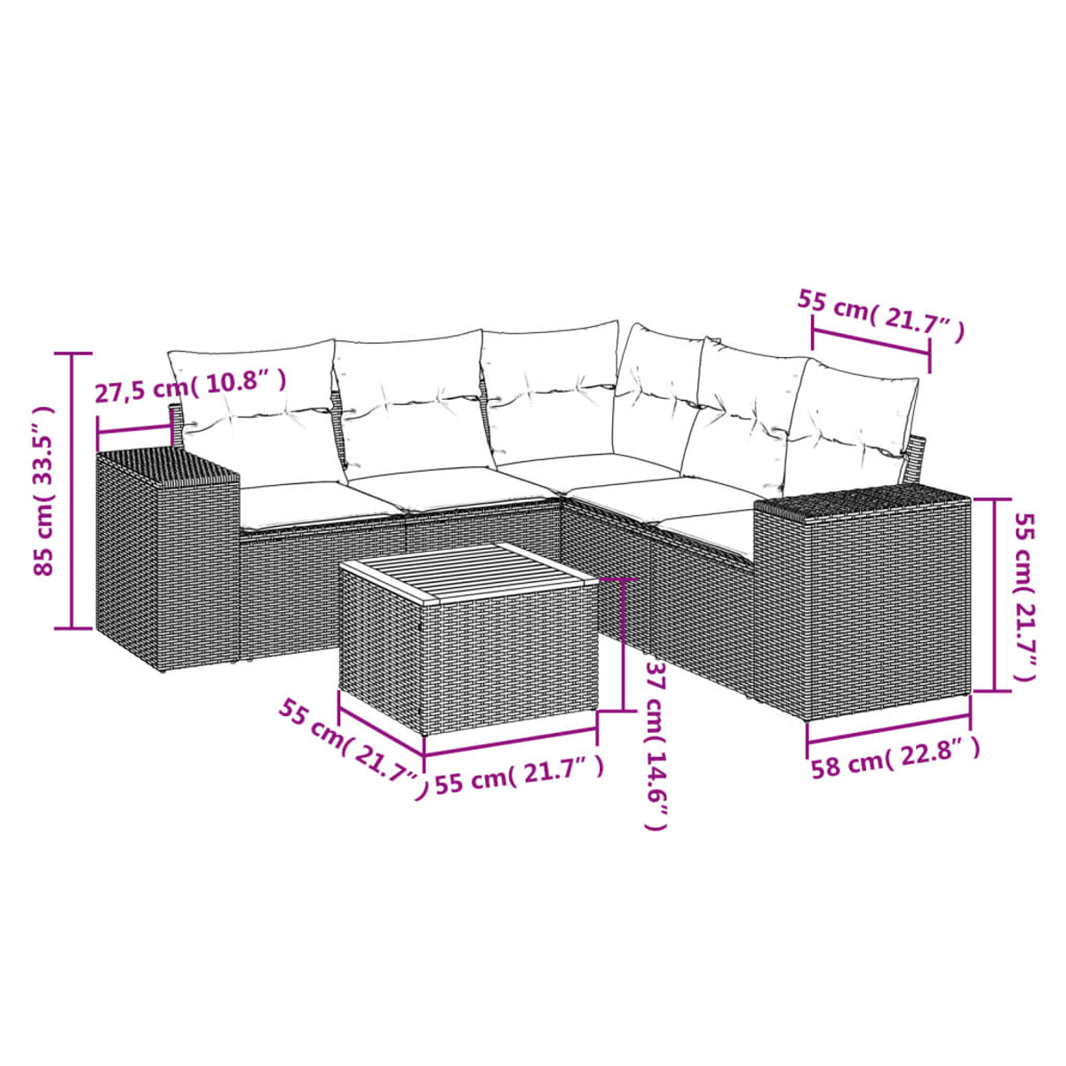 Ein Eck-Gartenmöbel-Set. Es umfasst ein Ecksofa mit Kissen und einen quadratischen Couchtisch, alles aus gewebtem Material.