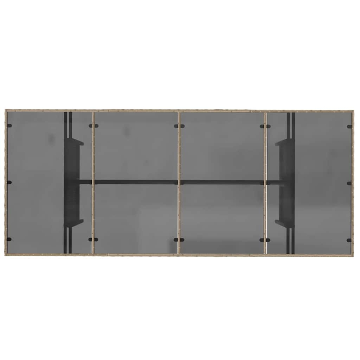 Vista cenital de un gabinete rectangular largo con paneles de vidrio gris, marcos de madera y estantes interiores.