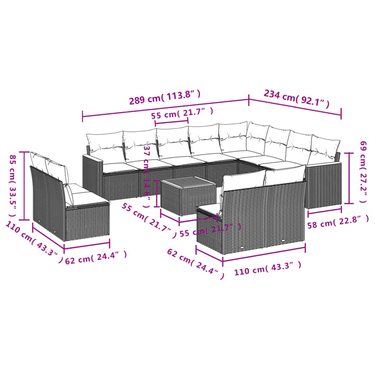 Outdoor-Ecksofa-Set mit Maßangaben. Enthält einen Tisch und zwei Sessel. Beige Kissen auf dunklen Korbg Gestellen.