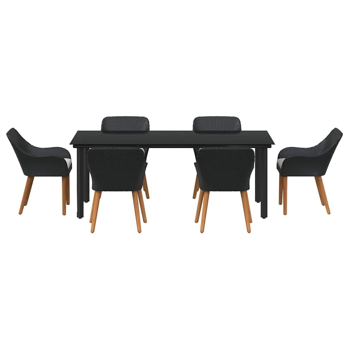 Ein schwarzer rechteckiger Tisch mit sechs schwarzen Stühlen. Die Stühle haben Holzbeine und gewebte Rückenlehnen und Sitze. Der Hintergrund ist weiß.