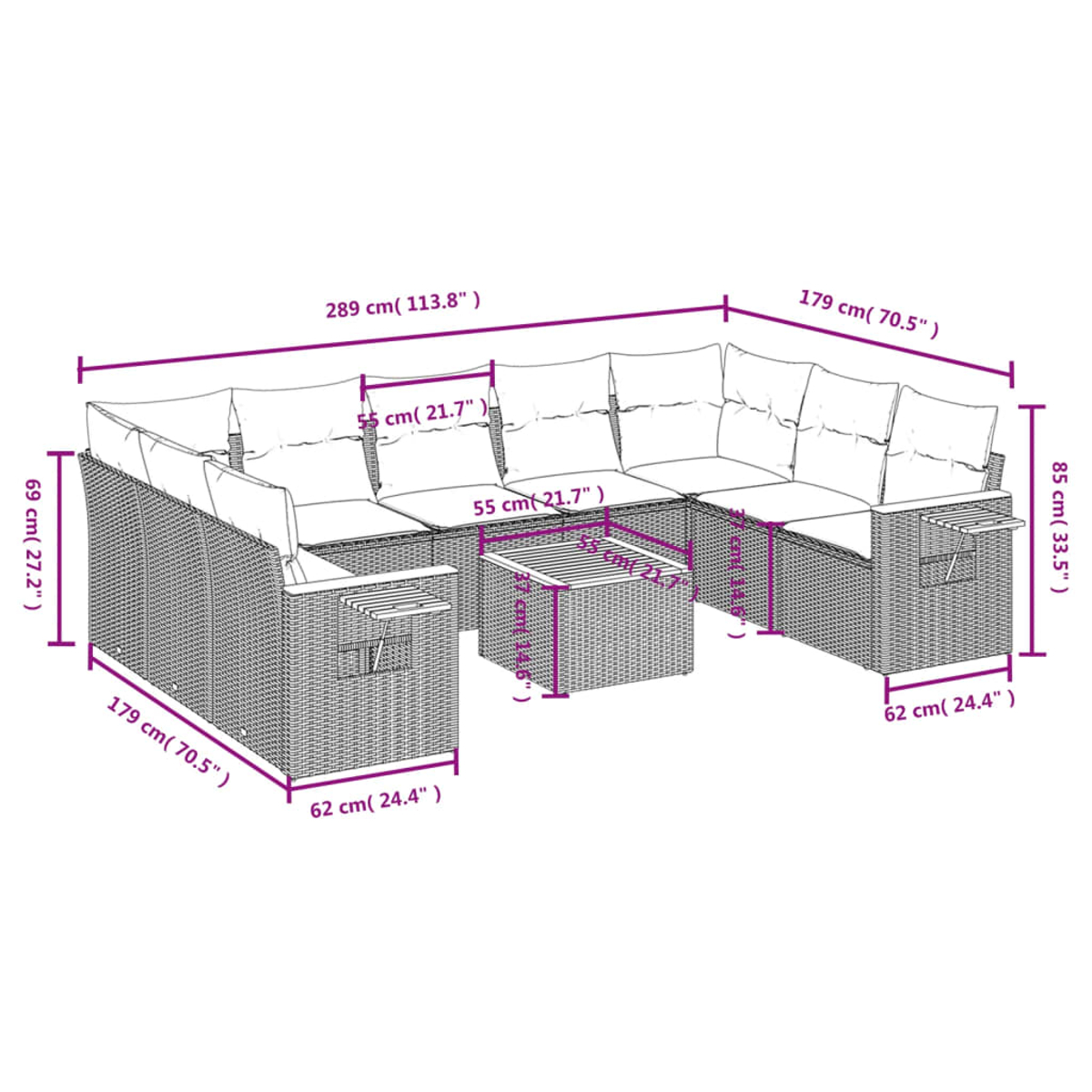 Geflochtenes Outdoor-Ecksofa-Set mit Kissen und einem Couchtisch. Abmessungen sind in cm und Zoll angegeben.