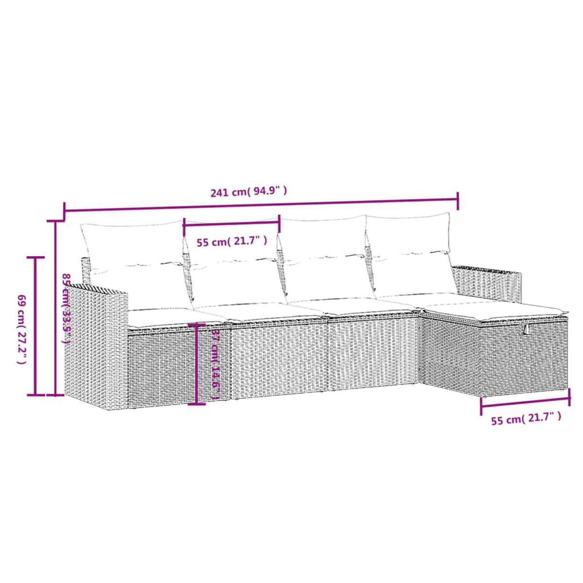 Ein Korbmöbelsofa mit Maßangaben. Es hat Kissen und eine erweiterte Seite. Die Abmessungen sind deutlich in Zentimetern und Zoll angegeben.