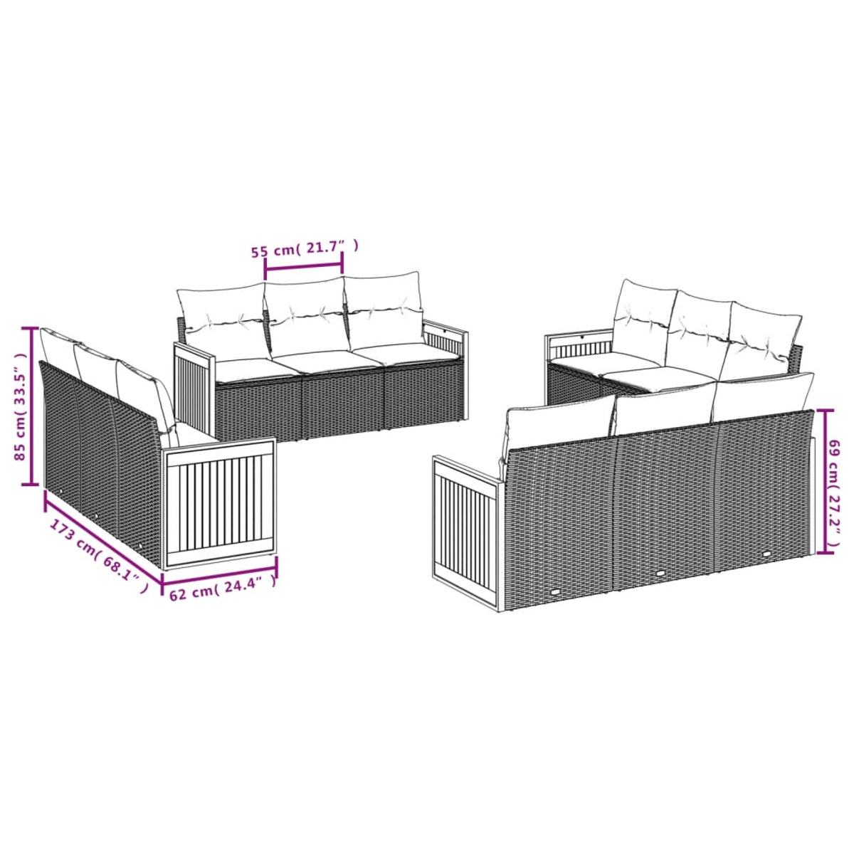Gartenmöbel-Set aus Rattan: zwei Sofas und ein Stuhl. Kissen auf Sitzen und Rücken. Abmessungen sind mit Maßen beschriftet.