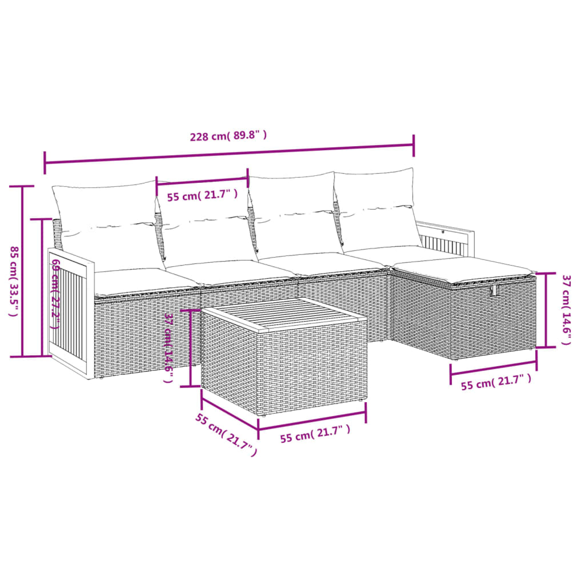 Ein geflochtenes Outdoor-Ecksofa mit Kissen und einem passenden Couchtisch, alle mit Abmessungen in Zentimetern und Zoll.