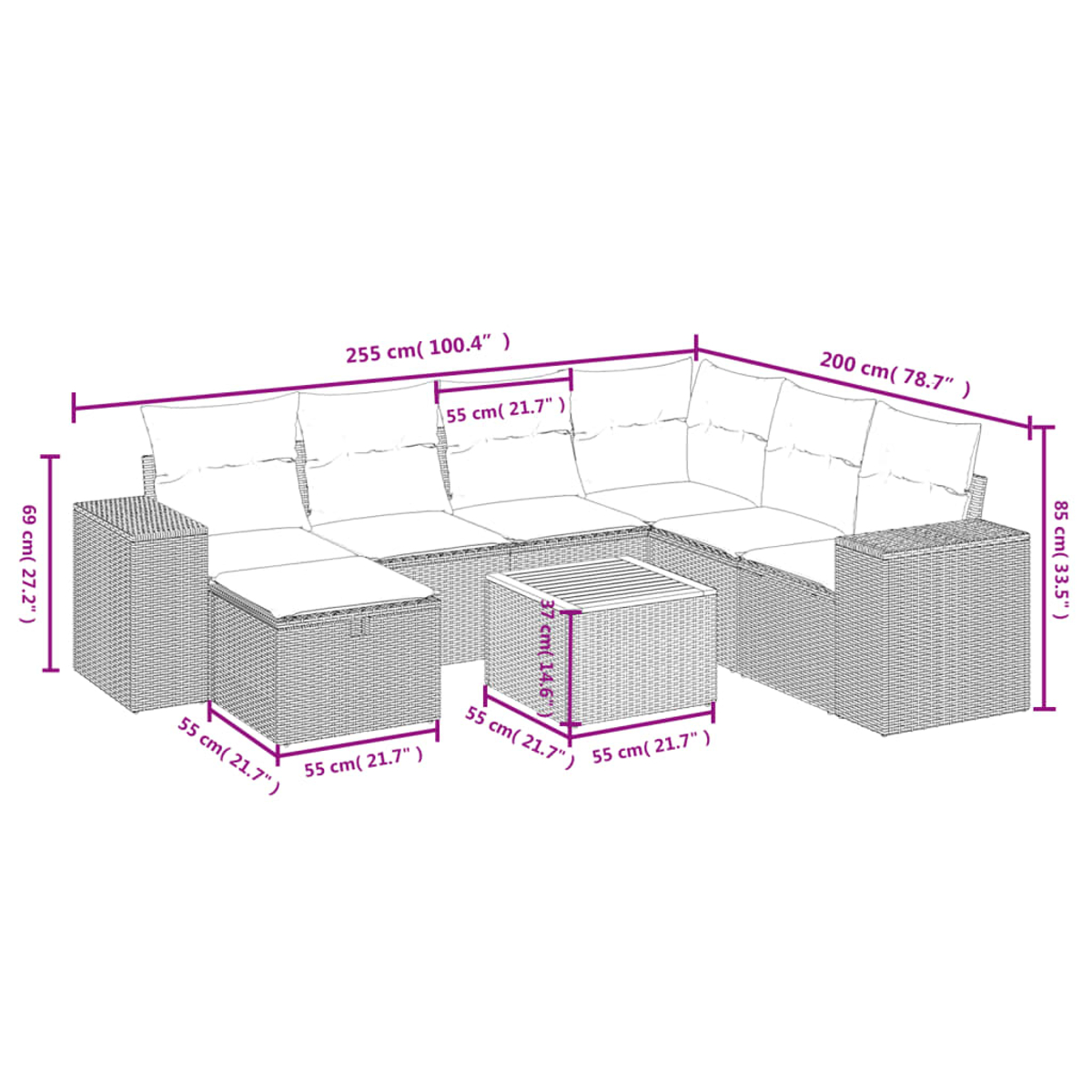 Ein Outdoor-Rattan-Ecksofa mit Maßangaben. Es hat Kissen, eine Ottomane und einen kleinen Tisch.