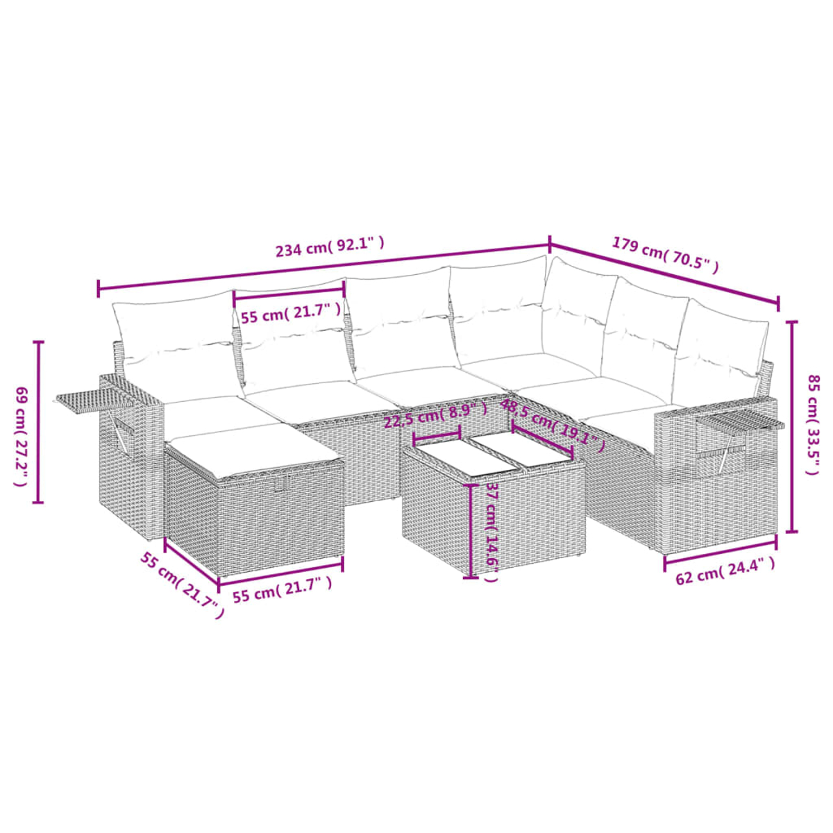 Ein Outdoor-Wicker-Sofaset mit beschrifteten Abmessungen. Es umfasst ein großes Sofa, eine kleinere Ottomane und zwei kleine Tische.