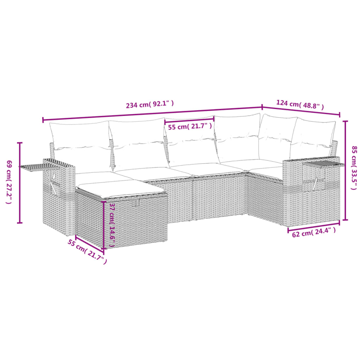 Ein Rattansofa mit Kissen und Beistelltischen. Abmessungen sind in Zentimetern und Zoll angegeben.