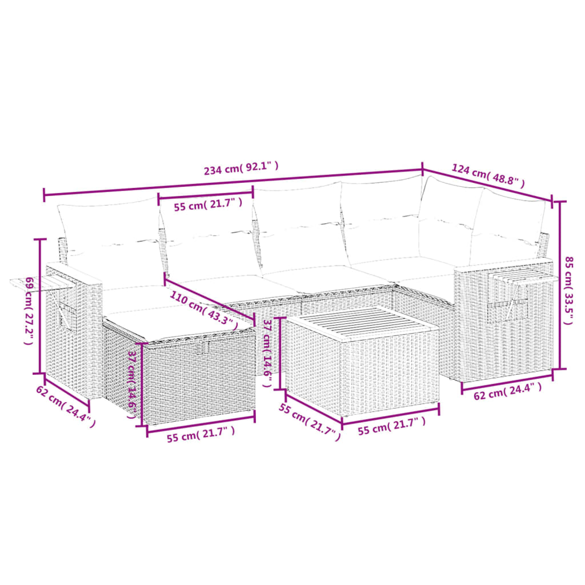 Ein Wicker-Outdoor-Sofa-Set mit Kissen und einem quadratischen Tisch. Abmessungen sind angegeben. Das Set ist beige mit weißen Kissen.