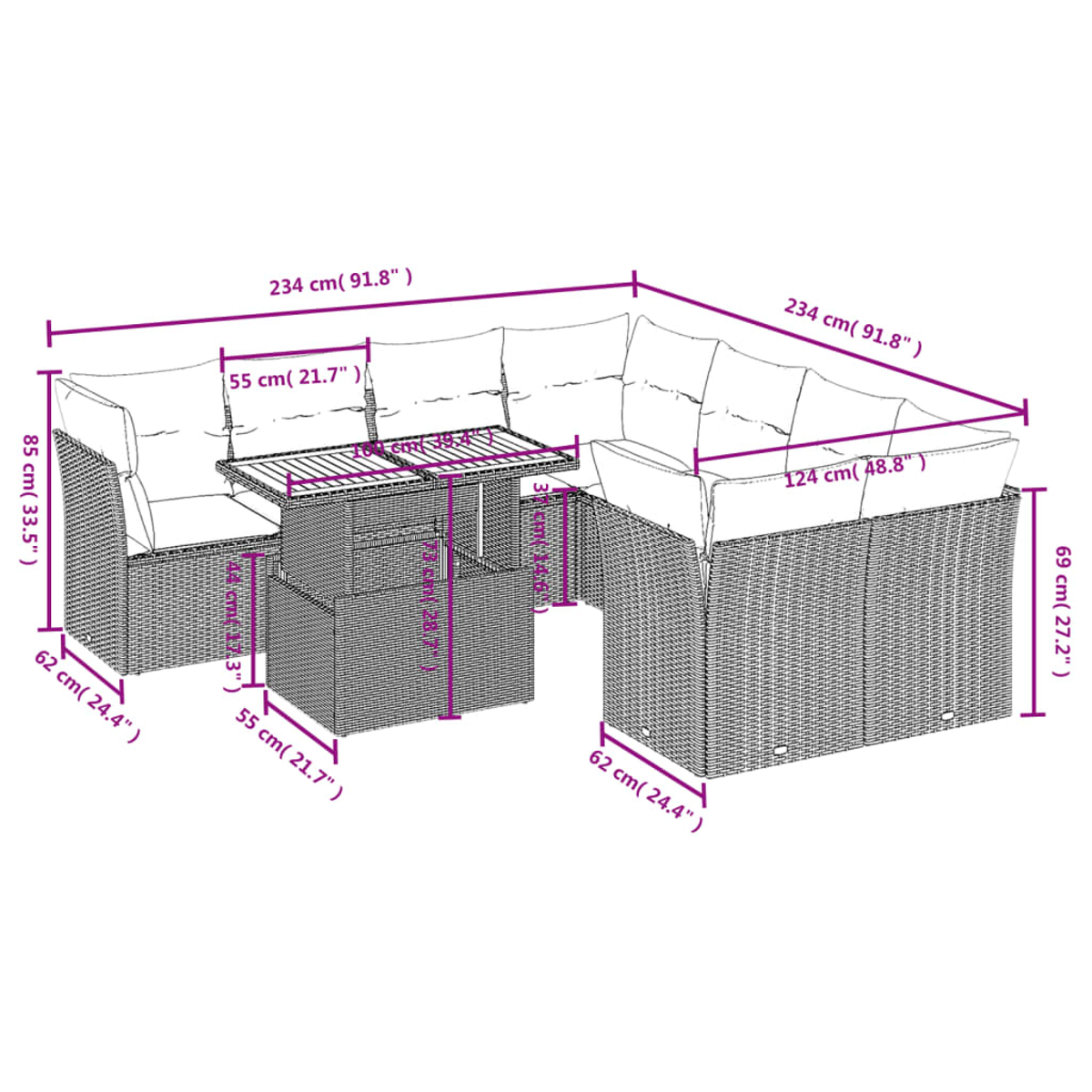 Outdoor-Sofa aus Korbgeflecht mit Maßangaben. Inklusive Tisch und Kissen. Grau-braunes Korbgeflecht.