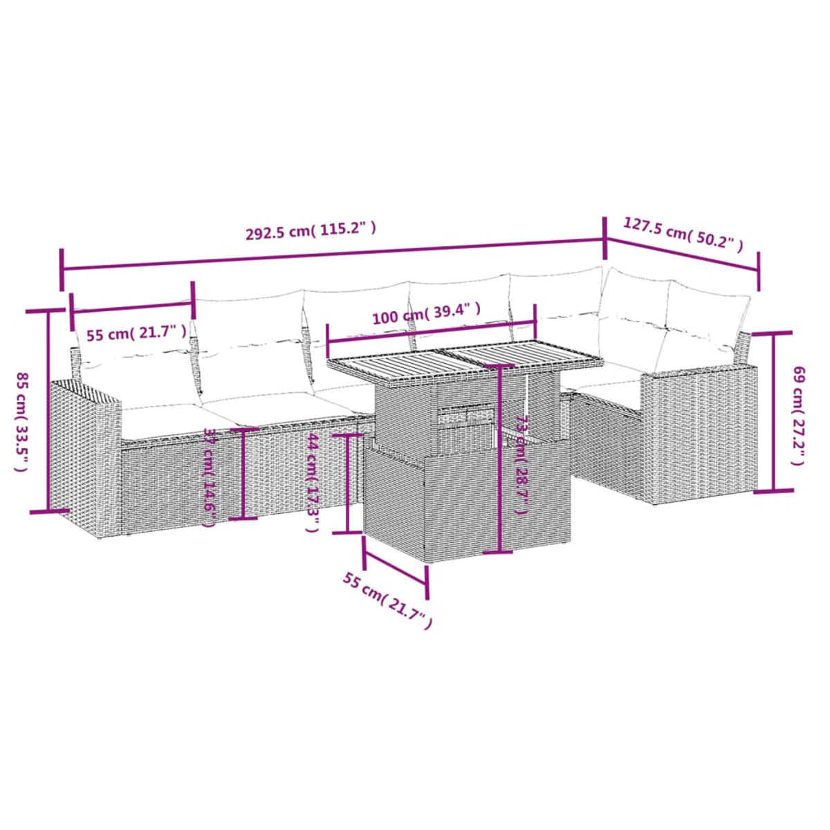 Ein Outdoor-Möbelset aus Korbgeflecht mit Sofa, Tisch und Loveseat. Die Abmessungen sind mit Maßen in cm und Zoll gekennzeichnet.