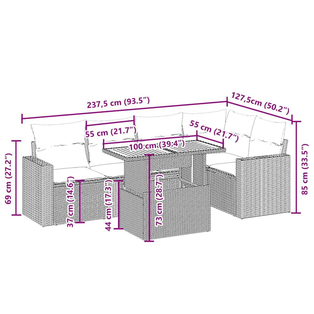 Set di mobili da esterno, con divano e tavolo, con dimensioni indicate in centimetri e pollici.