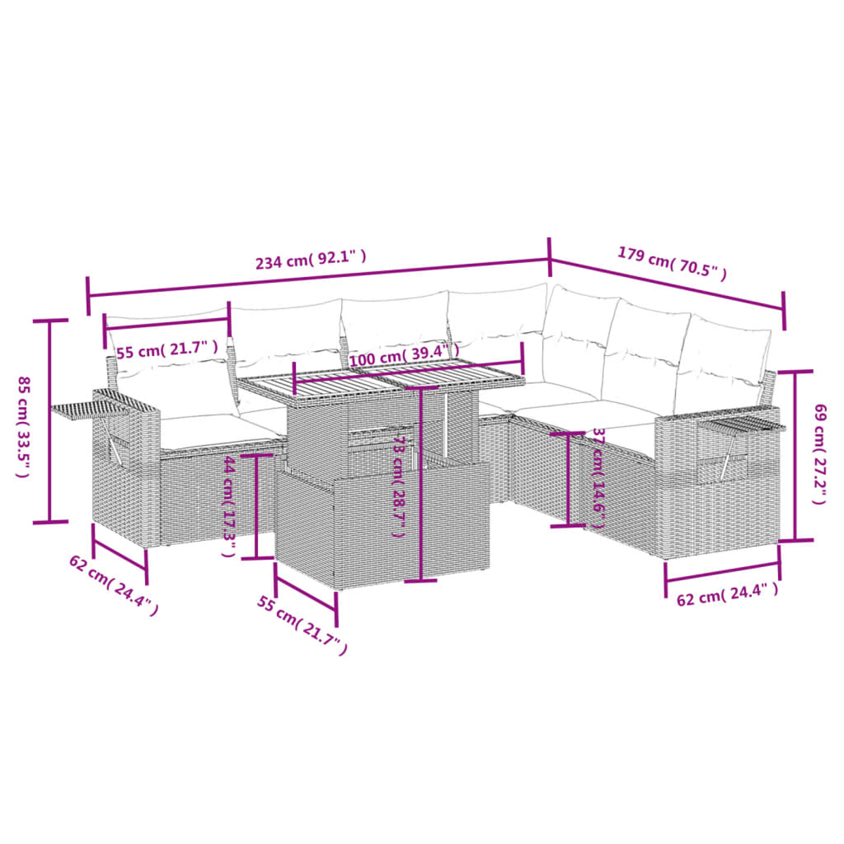 Ein Gartenmöbel-Set aus Korbgeflecht mit Maßangaben. Enthält einen Tisch und ein Sofa mit Kissen.