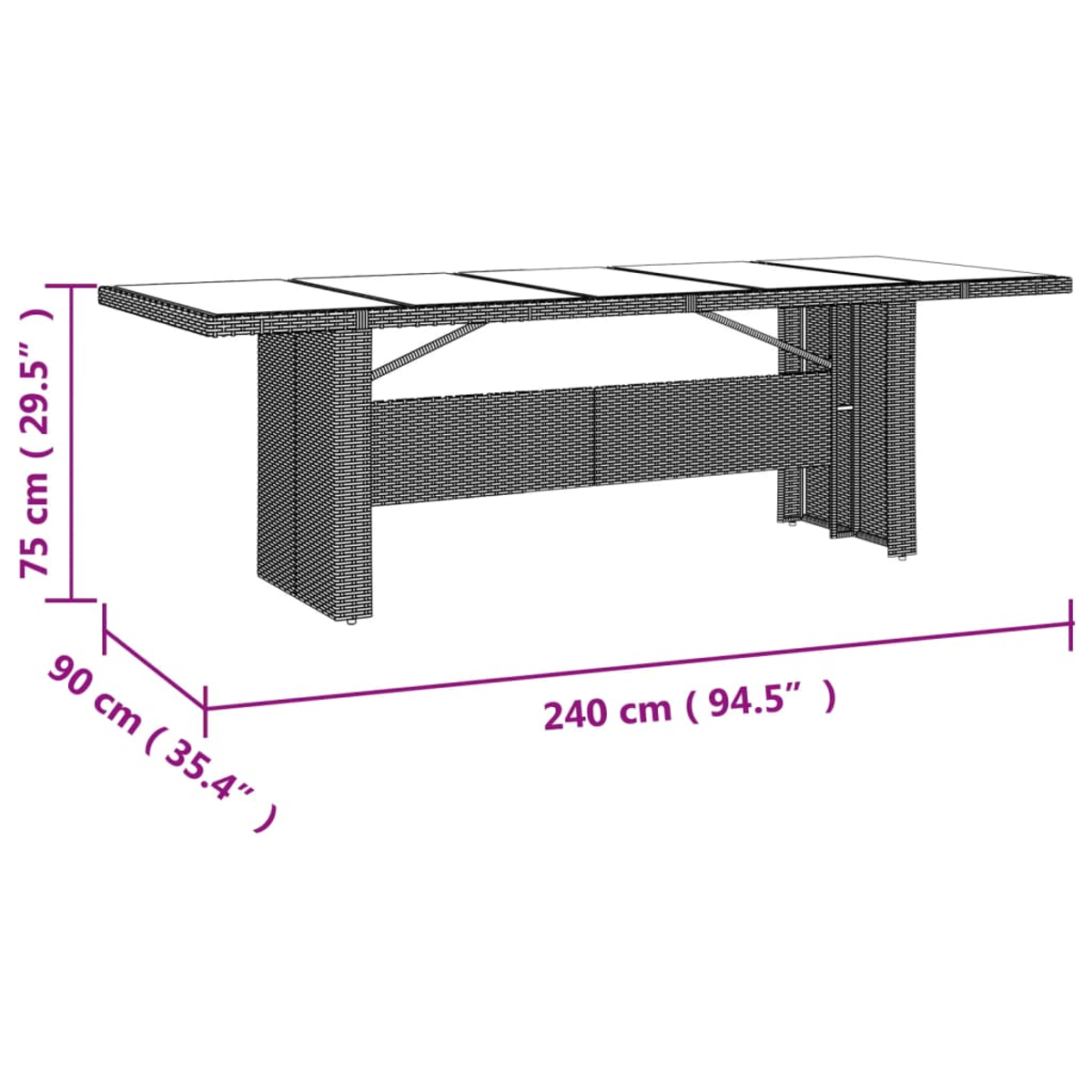 Ein rechteckiger Esstisch für den Außenbereich mit den Maßen: 240 cm lang, 90 cm breit und 75 cm hoch. Er ist aus Korbgeflecht gefertigt.