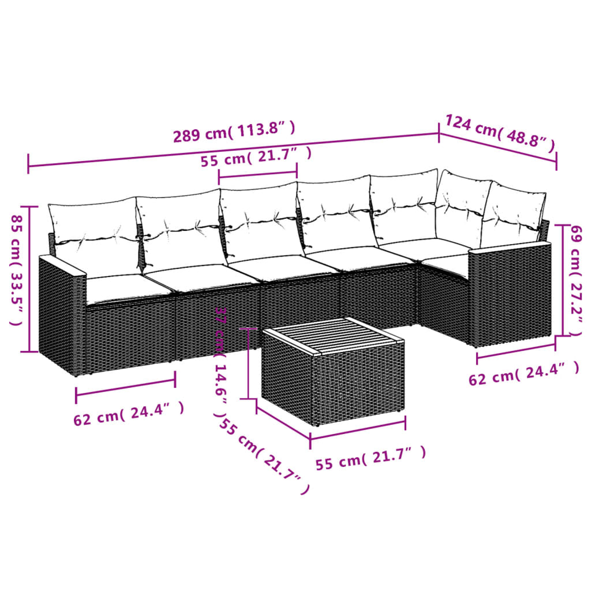 Ein schwarzes Rattan-Ecksofa mit beschrifteten Abmessungen, einschließlich eines passenden quadratischen Couchtisches. Das Sofa hat weiße Kissen.