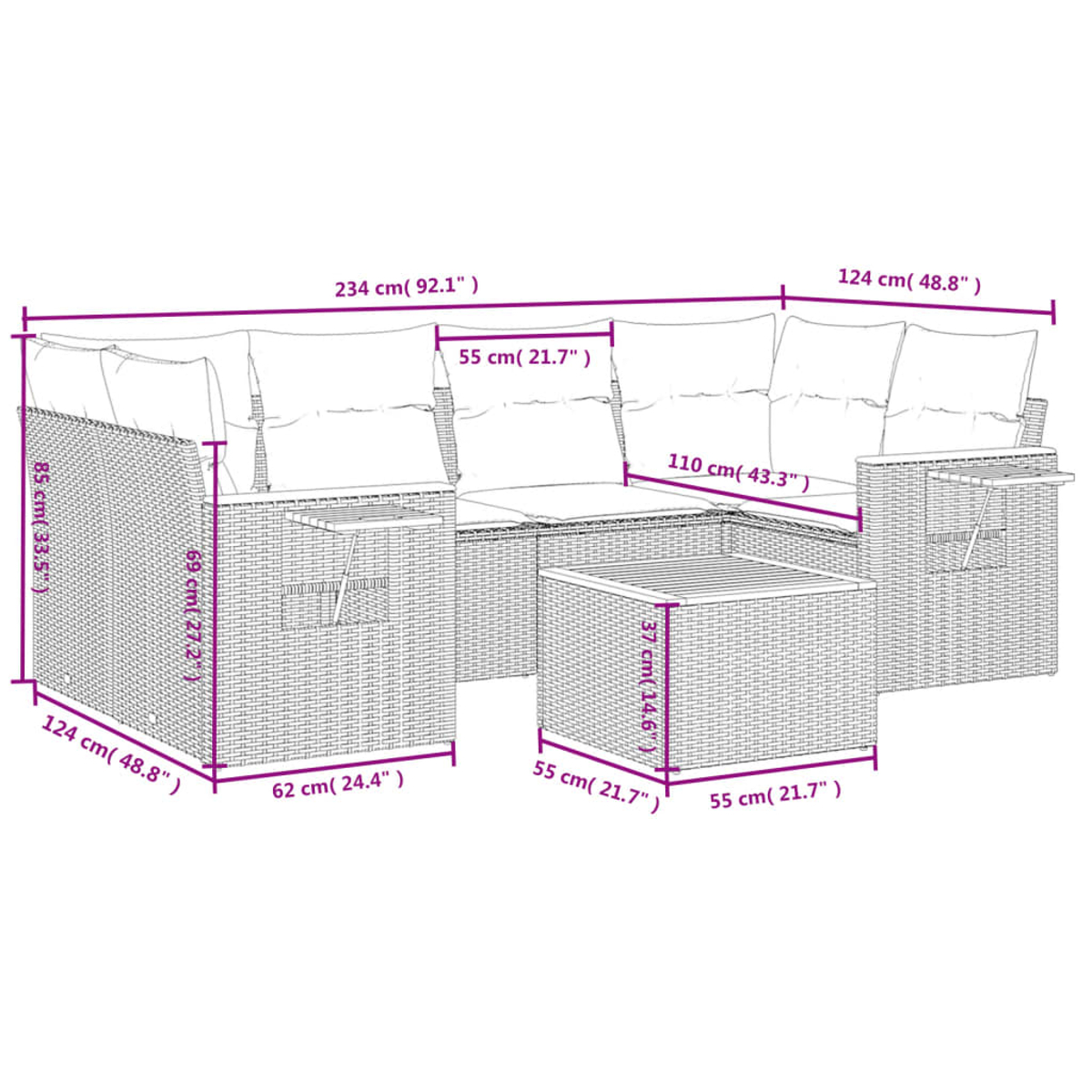 Ein Rattan-Outdoor-Sofaset mit Kissen und einem Tisch. Abmessungen sind in cm und Zoll angegeben.