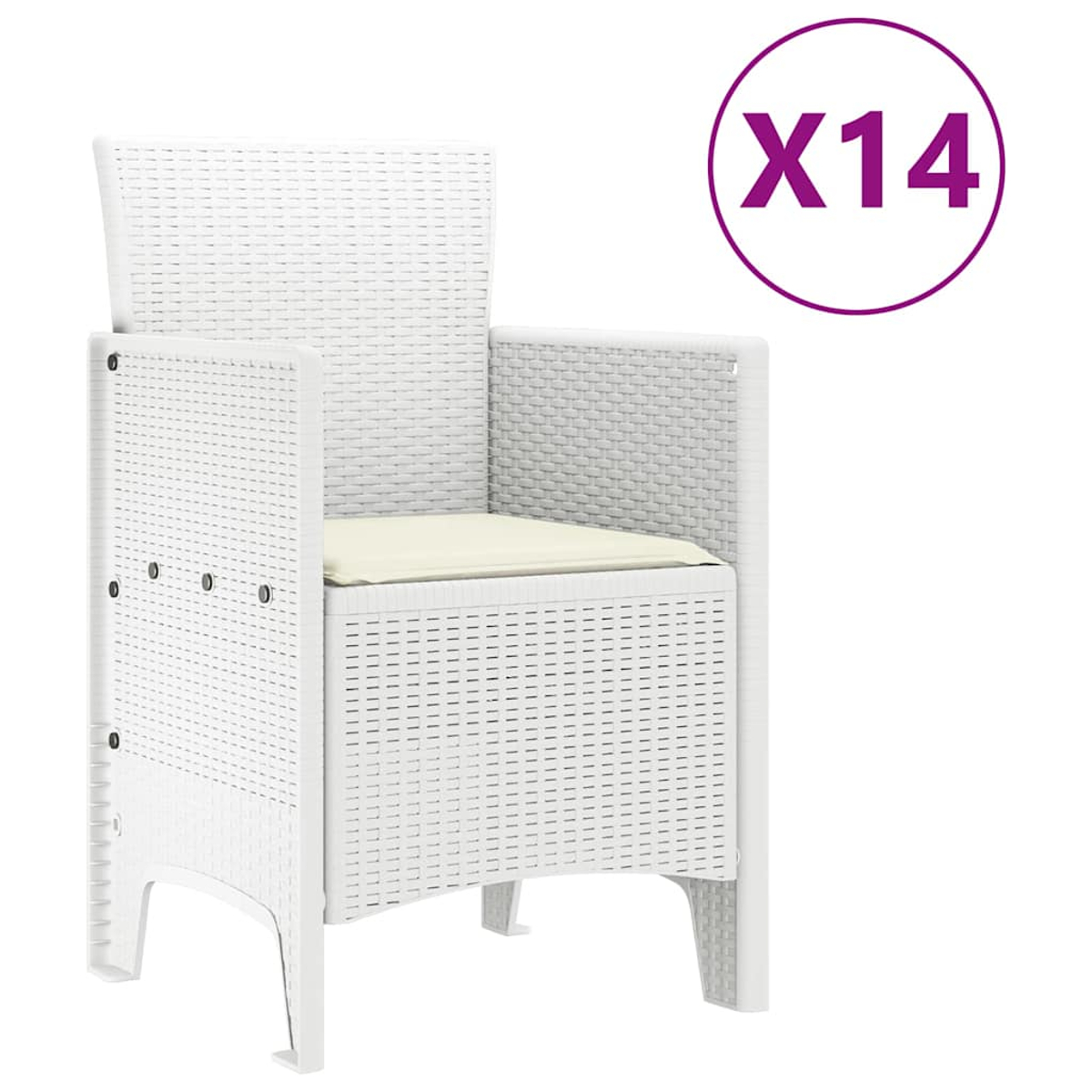 Ein weißer Korbstuhl mit beigem Kissen steht auf weißem Hintergrund. Ein lila Kreis mit "X14" befindet sich in der oberen rechten Ecke.