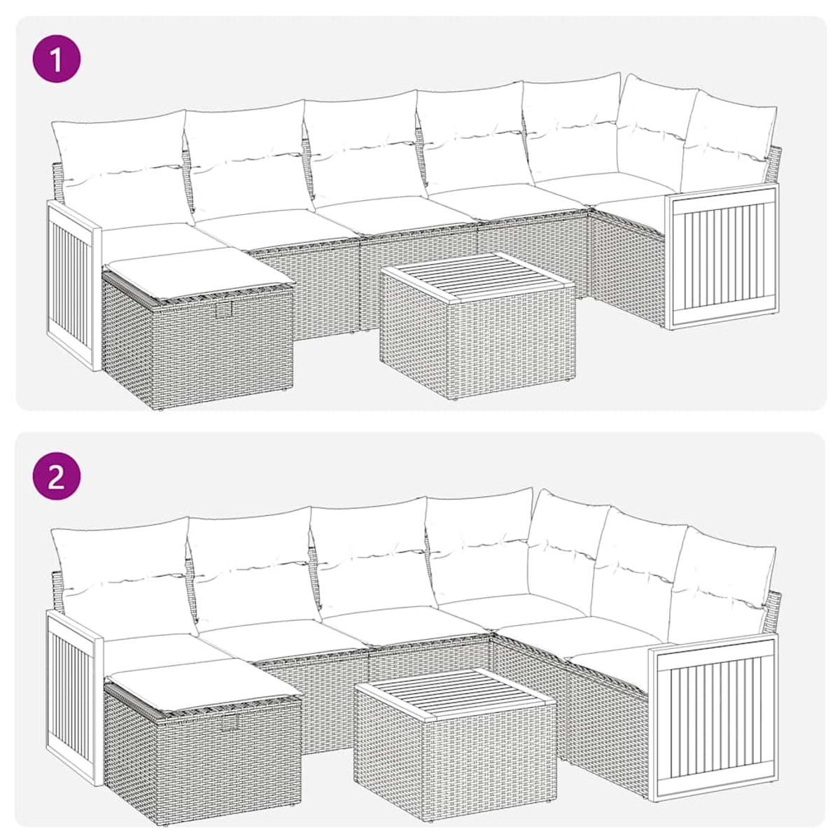 Diagramm von zwei Outdoor-Ecksofas mit einem Couchtisch. Ecksofas haben Kissen. Beide mit den Nummern 1 und 2 versehen.