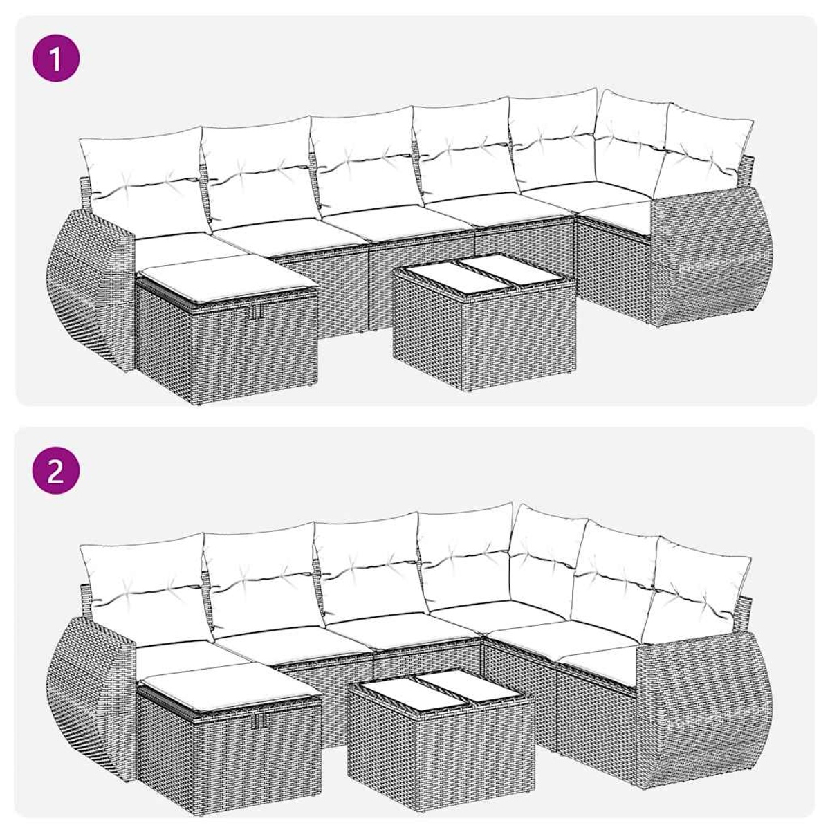 Ein Ecksofa für den Außenbereich mit weißen Kissen. Es hat eine gewebte Basis und zwei quadratische Tische mit gewebten Oberflächen.