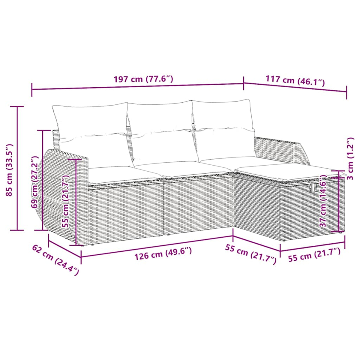 Ein Diagramm eines Korbmöbelsofas mit Maßen. Es hat Kissen und eine Fußstütze, mit klar beschrifteten Maßen in cm und Zoll.