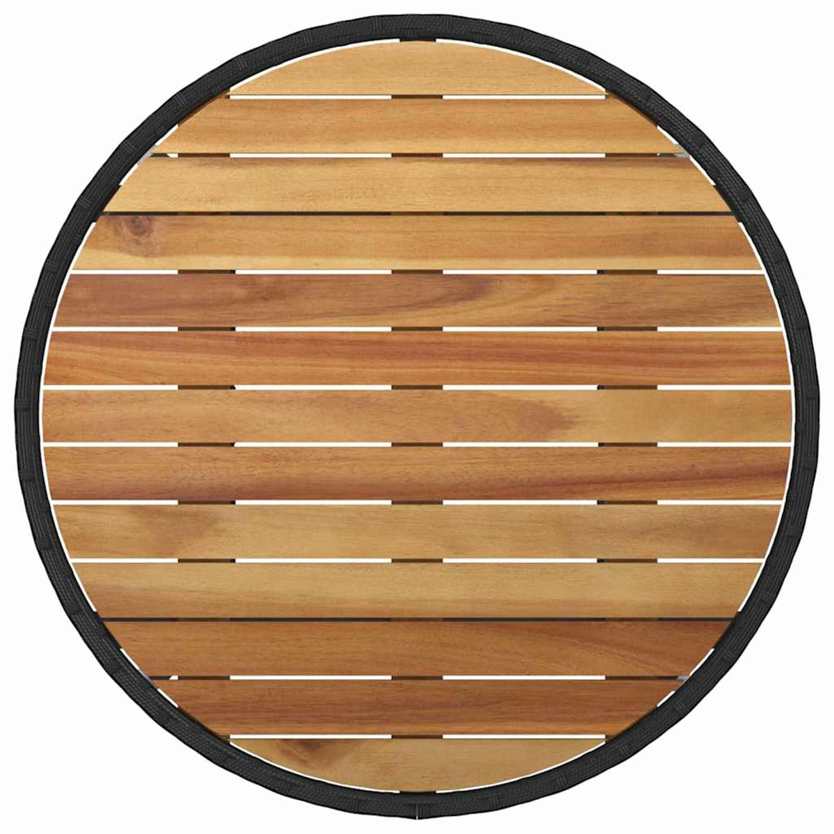 Eine runde Tischplatte aus Holz mit horizontalen Holzbohlen, die von einem schwarzen gewebten Rand umgeben ist. Das Holz ist hellbraun.