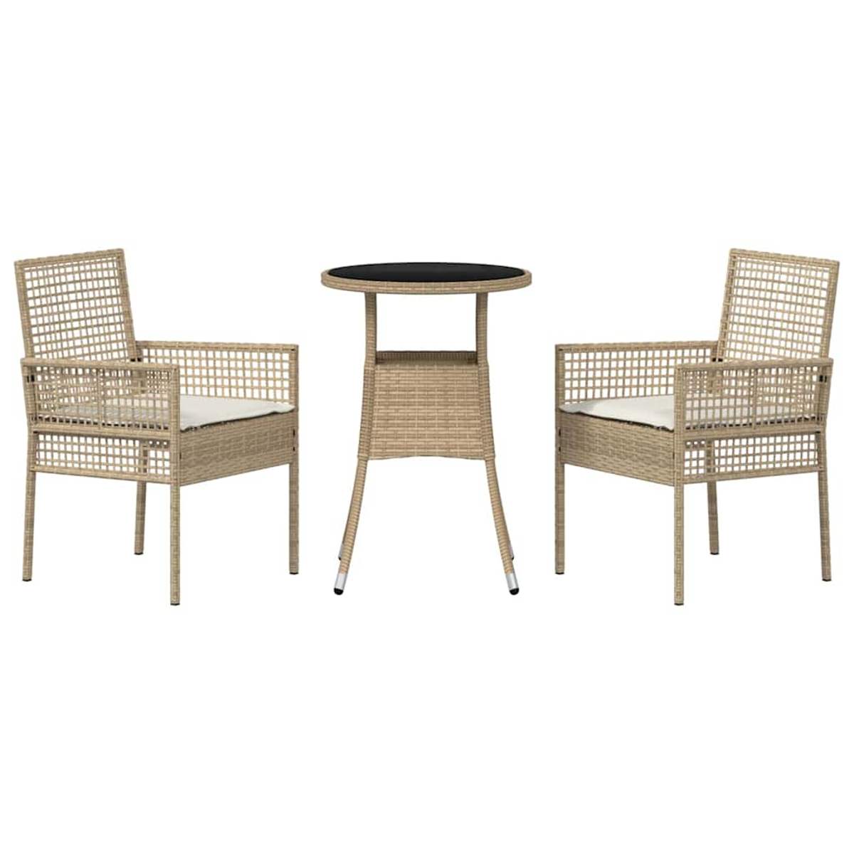Wicker-Tisch und zwei Stühle. Der Tisch hat eine schwarze Oberseite. Stühle haben weiße Kissen.