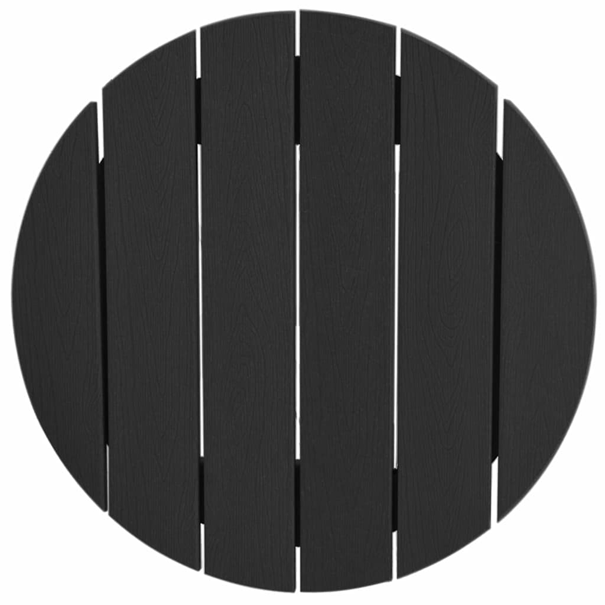 Se ve una mesa redonda negra desde arriba. Está compuesta por tablas de madera verticales con finos huecos blancos entre ellas.