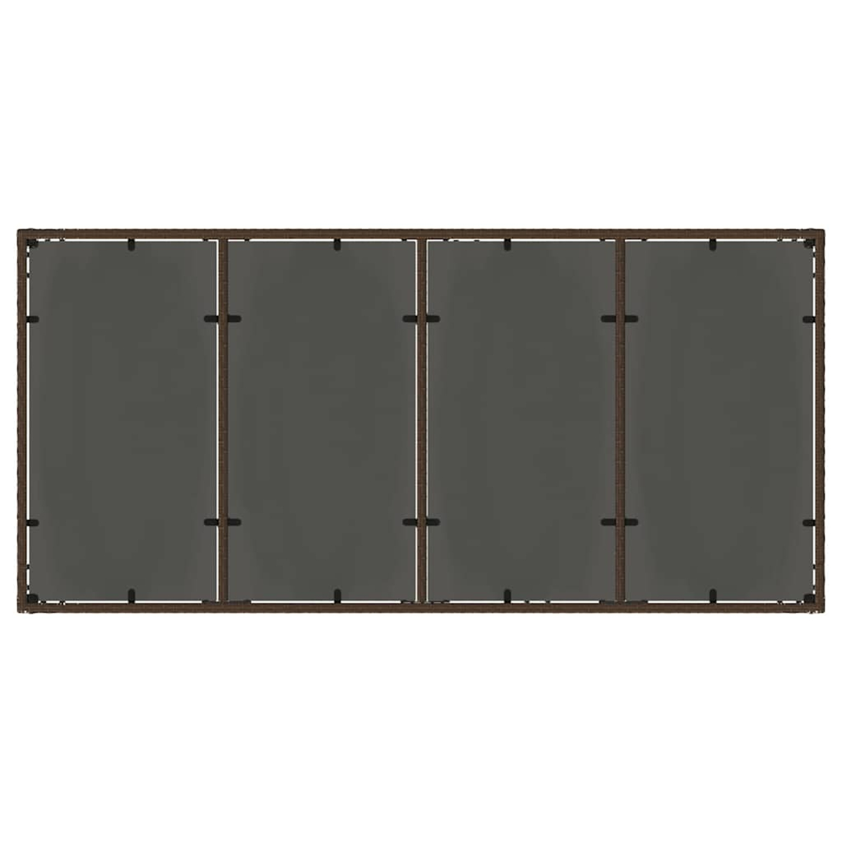 Ein brauner Holzrahmen mit vier grauen Paneelen. Schwarze Verbinder halten die Paneele an Ort und Stelle. Der Rahmen ist rechteckig.