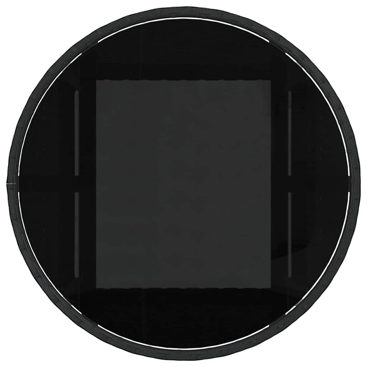 Draufsicht auf ein schwarzes, kreisförmiges Objekt mit weißem Rand. Innen befindet sich ein schwarzes Quadrat. Es sieht aus wie ein Korb.