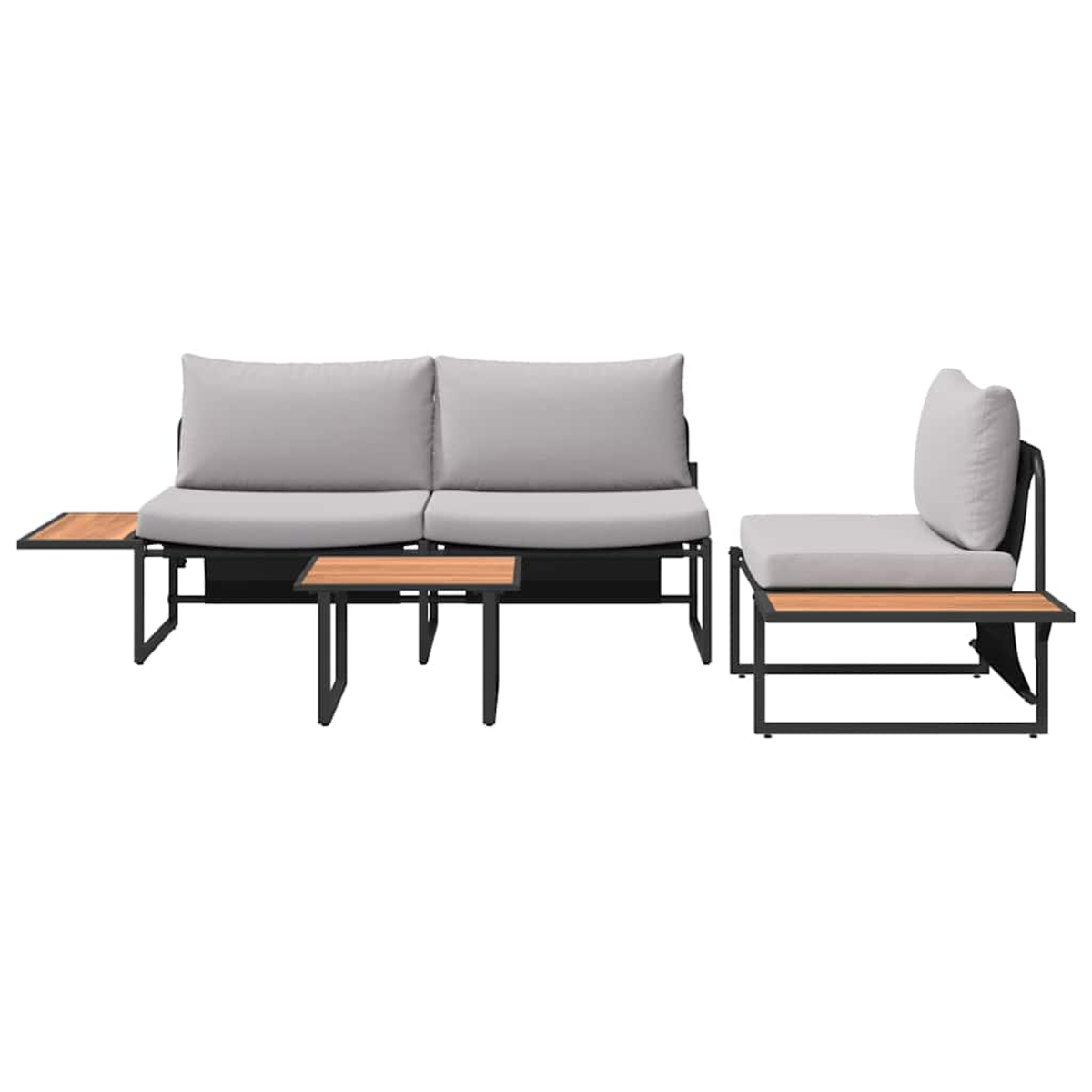 Gartenmöbel-Set mit Zweisitzer-Sofa, Einzelstuhl und zwei kleinen Tischen, alle mit schwarzen Rahmen, Holztischen und grauen Kissen.