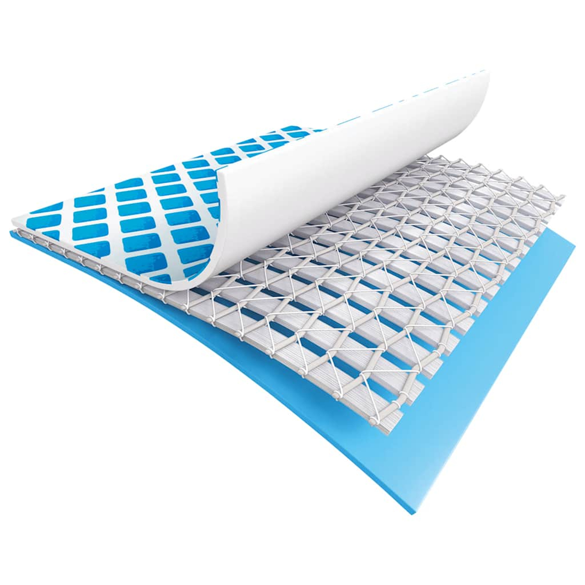 Querschnitt mit Schichten: blaue Basis, weißes Gitter, weiße Schicht mit blauen Rechtecken und eine gefaltete weiße Schicht.