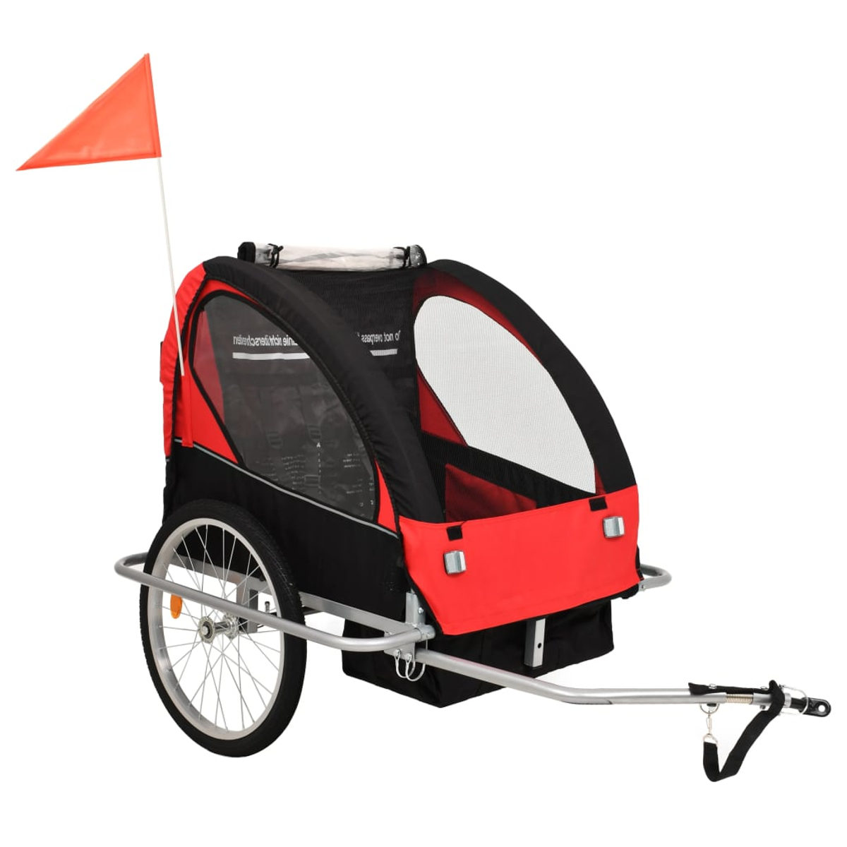 Ein rot-schwarzer Kinderfahrradanhänger mit Sicherheitsfahne. Der Anhänger hat ein Netzfenster und einen Metallrahmen.