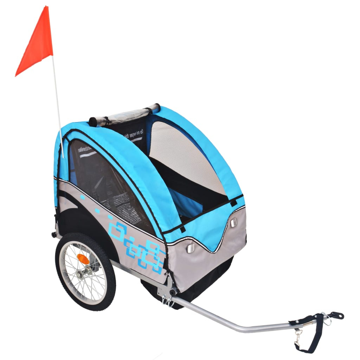 Ein blau-grauer Kinderfahrradanhänger mit roter Fahne und einem einzelnen Rad. Er hat ein Netzfenster und eine Anhängerkupplung.